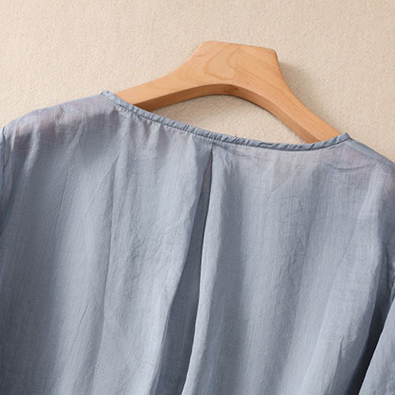 Camicia da donna in cotone e lino a maniche corte con scollo a giro e fiori ricamati con Buddha Stones