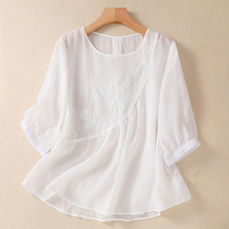 Camicia da donna in cotone e lino a maniche corte con scollo a giro e fiori ricamati con Buddha Stones