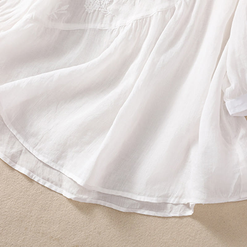 Camicia da donna in cotone e lino a mezza manica con scollo rotondo e fiori ricamati con Buddha Stones - image 12