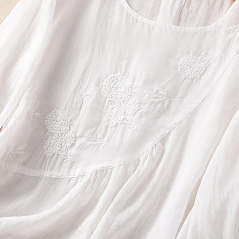 Camicia da donna in cotone e lino a mezza manica con scollo rotondo e fiori ricamati con Buddha Stones - image 13