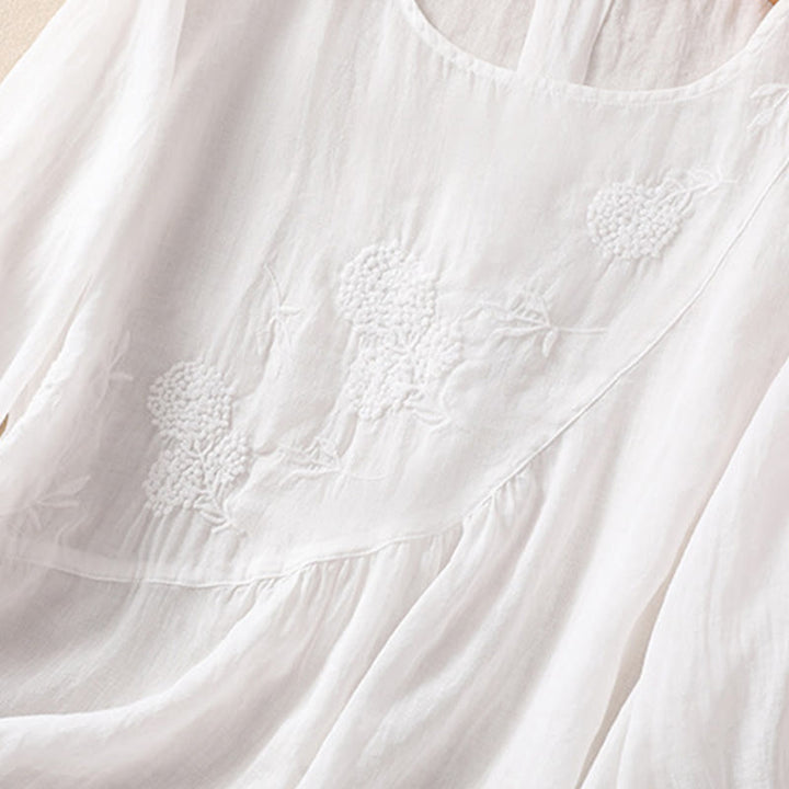 Camicia da donna in cotone e lino a maniche corte con scollo a giro e fiori ricamati con Buddha Stones
