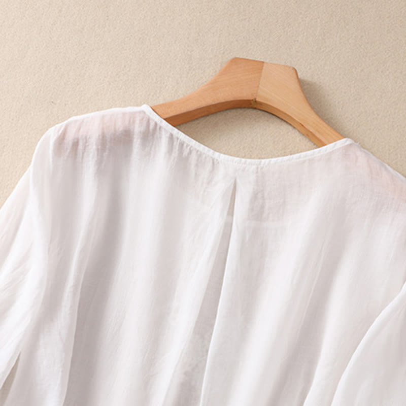 Camicia da donna in cotone e lino a maniche corte con scollo a giro e fiori ricamati con Buddha Stones