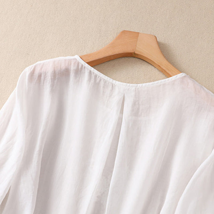 Camicia da donna in cotone e lino a maniche corte con scollo a giro e fiori ricamati con Buddha Stones