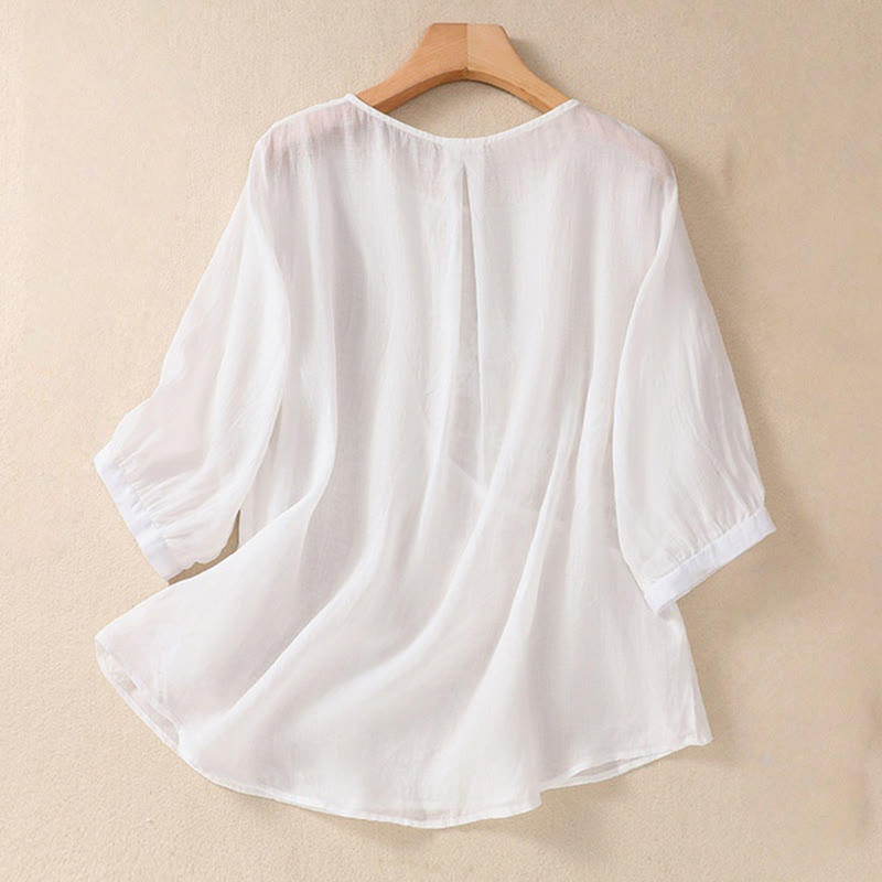 Camicia da donna in cotone e lino a maniche corte con scollo a giro e fiori ricamati con Buddha Stones