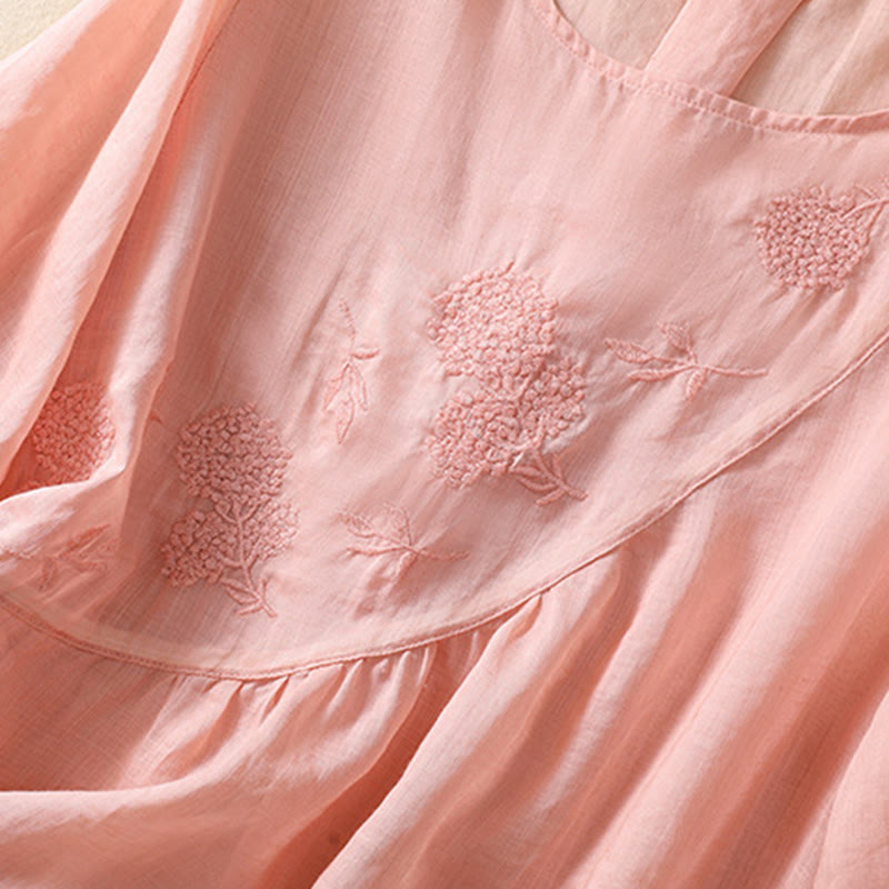 Camicia da donna in cotone e lino a maniche corte con scollo a giro e fiori ricamati con Buddha Stones