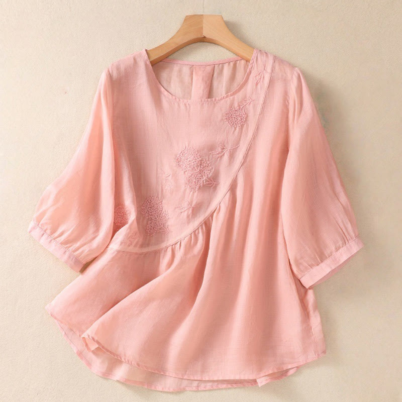 Camicia da donna in cotone e lino a maniche corte con scollo a giro e fiori ricamati con Buddha Stones