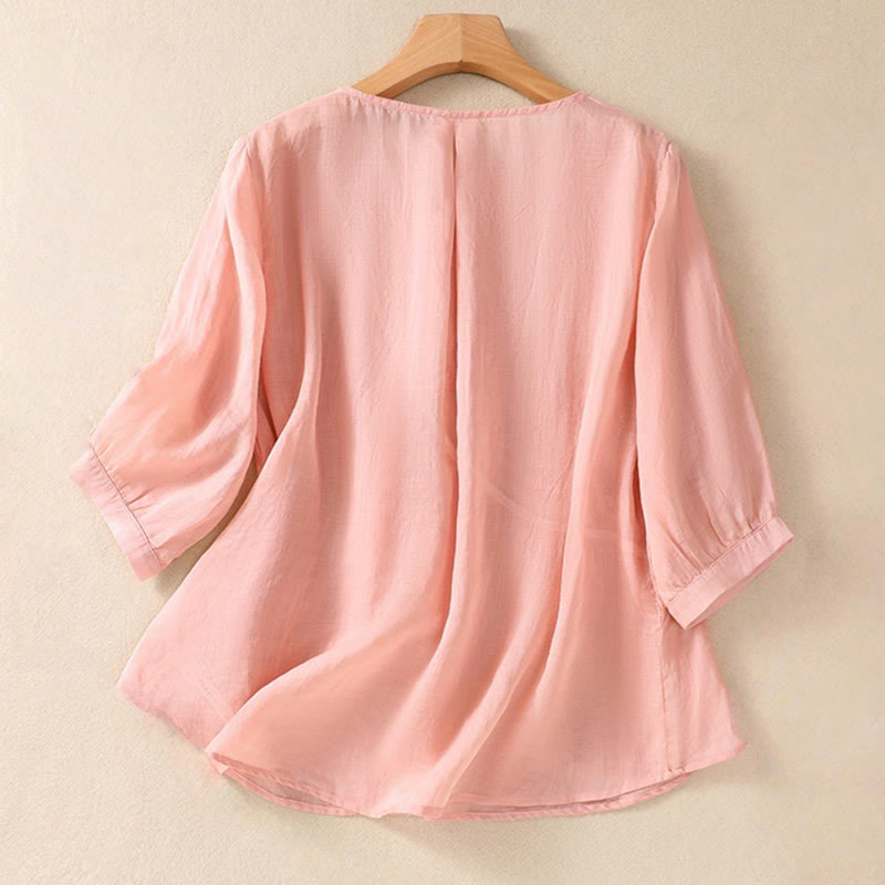 Camicia da donna in cotone e lino a maniche corte con scollo a giro e fiori ricamati con Buddha Stones
