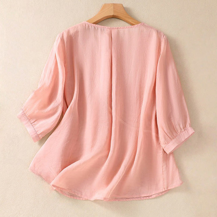 Camicia da donna in cotone e lino a maniche corte con scollo a giro e fiori ricamati con Buddha Stones