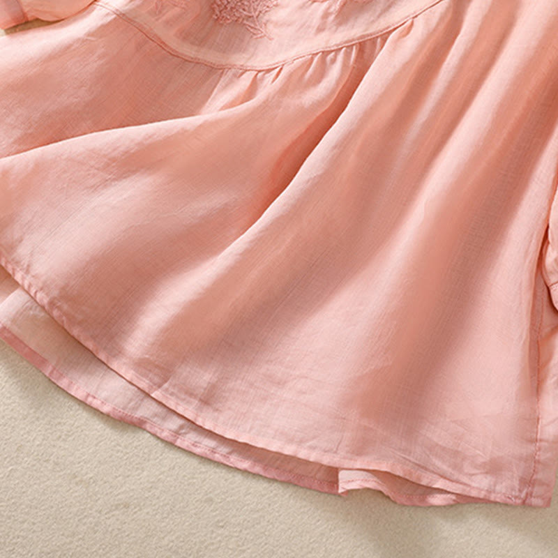 Camicia da donna in cotone e lino a mezza manica con scollo rotondo e fiori ricamati con Buddha Stones - image 20