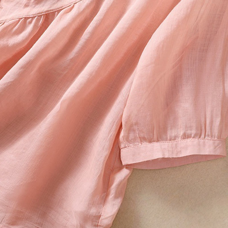 Camicia da donna in cotone e lino a mezza manica con scollo rotondo e fiori ricamati con Buddha Stones - image 21