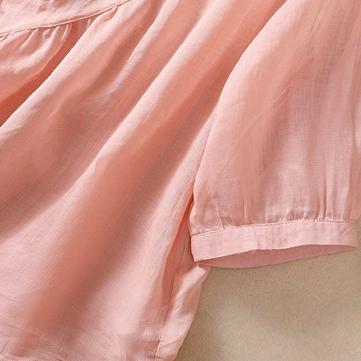 Camicia da donna in cotone e lino a mezza manica con scollo rotondo e fiori ricamati con Buddha Stones - image 21