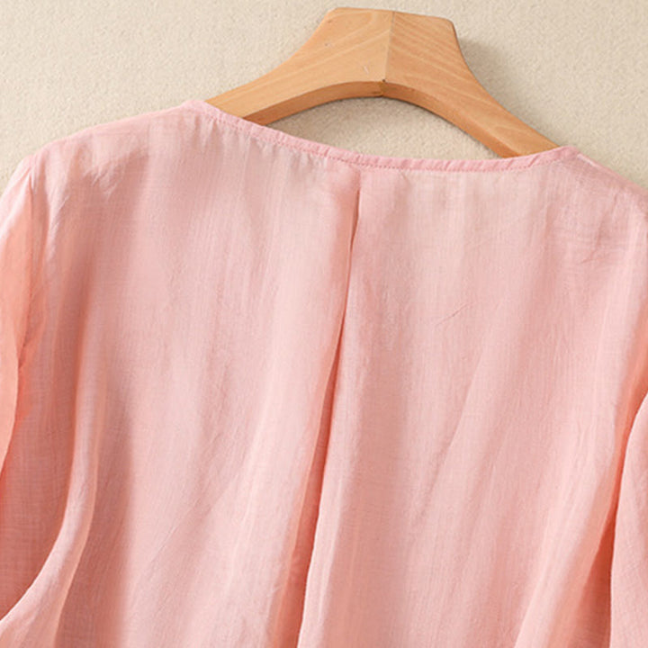 Camicia da donna in cotone e lino a maniche corte con scollo a giro e fiori ricamati con Buddha Stones