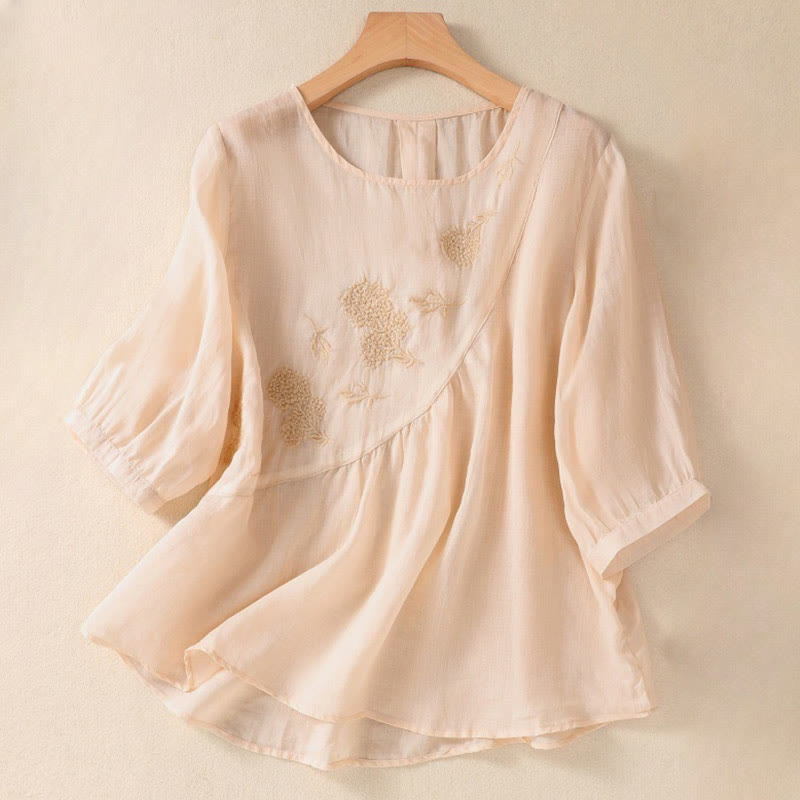 Camicia da donna in cotone e lino a maniche corte con scollo a giro e fiori ricamati con Buddha Stones