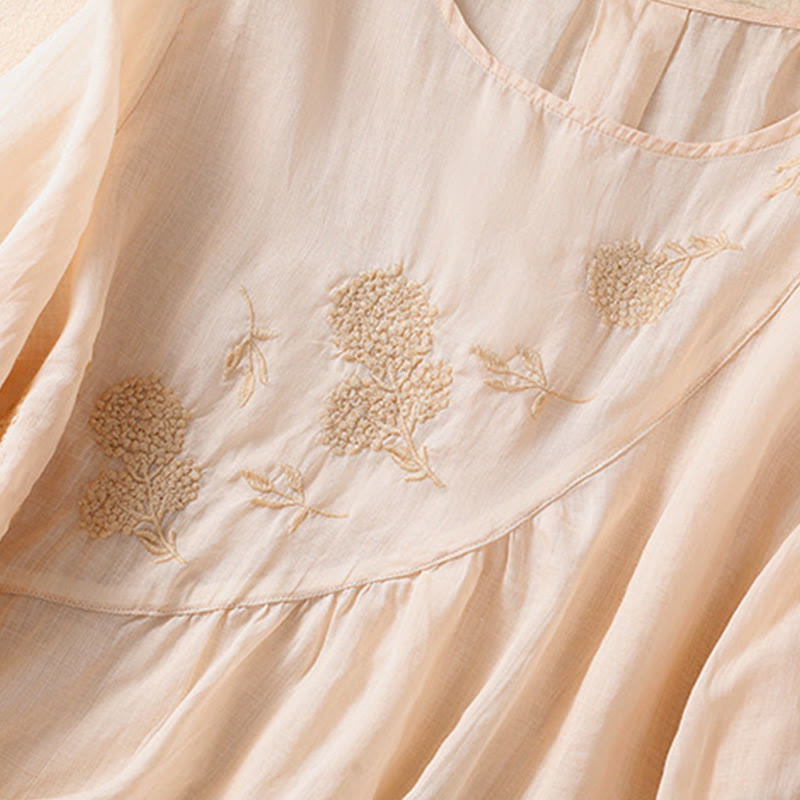 Camicia da donna in cotone e lino a maniche corte con scollo a giro e fiori ricamati con Buddha Stones