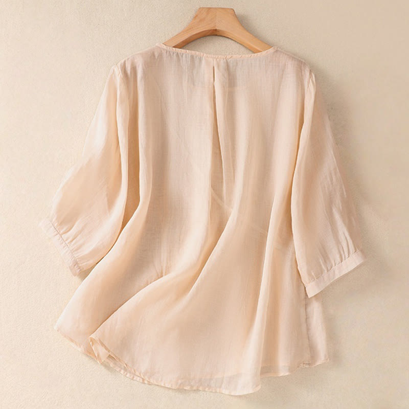 Camicia da donna in cotone e lino a maniche corte con scollo a giro e fiori ricamati con Buddha Stones