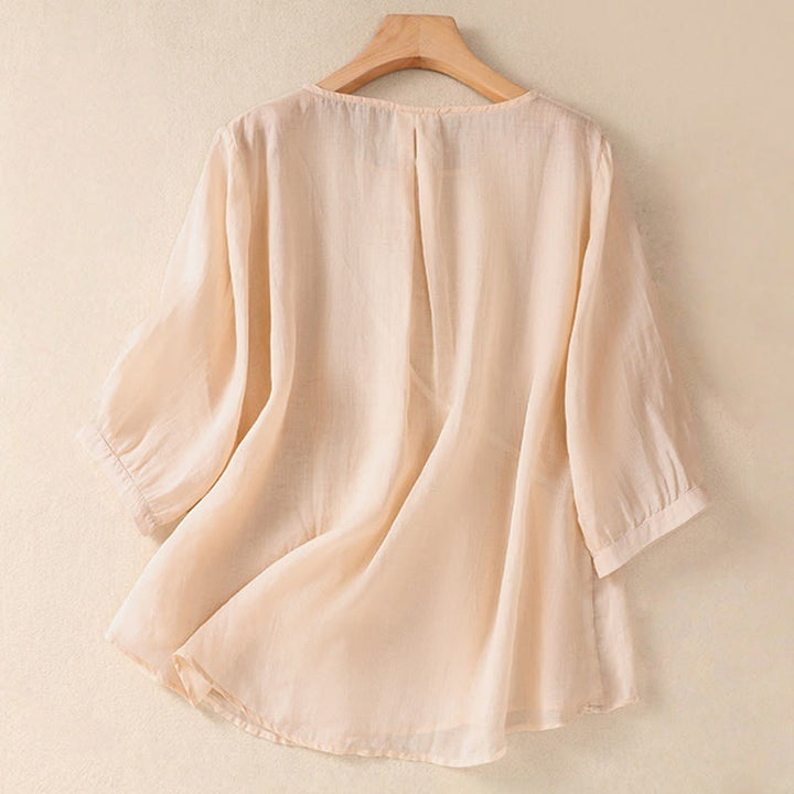 Camicia da donna in cotone e lino a maniche corte con scollo a giro e fiori ricamati con Buddha Stones