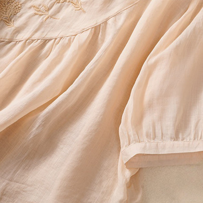 Camicia da donna in cotone e lino a mezza manica con scollo rotondo e fiori ricamati con Buddha Stones - image 26