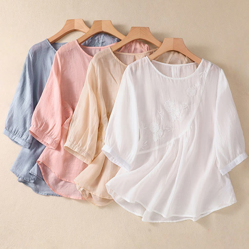 Camicia da donna in cotone e lino a maniche corte con scollo a giro e fiori ricamati con Buddha Stones