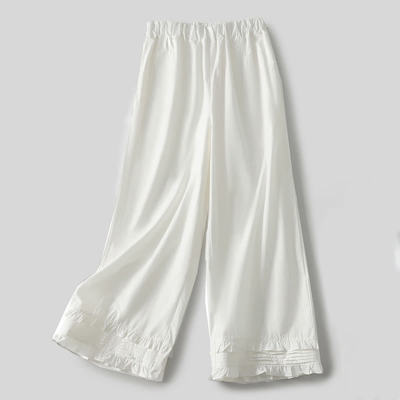 Pantaloni da donna in cotone e lino con tasche, modello Buddha Stones Artistic Commute, colore puro, con orlo arricciato - Bianco - US12, UK/AU16, EU44 (2XL) - image 0