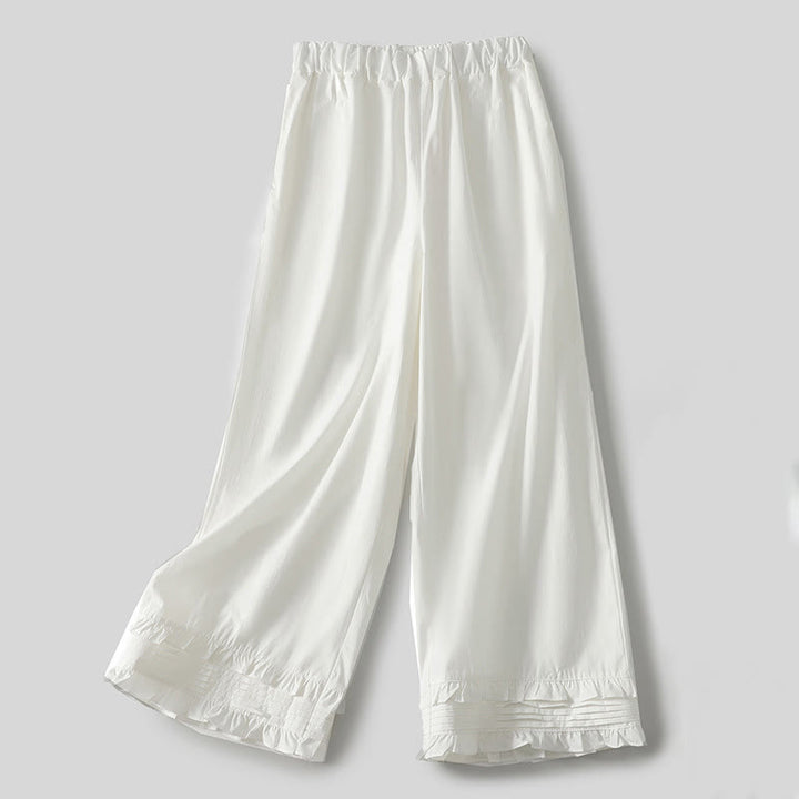 Pantaloni da donna in cotone e lino con tasche, modello Buddha Stones Artistic Commute, colore puro, con orlo arricciato - Bianco - US12, UK/AU16, EU44 (2XL) - image 0