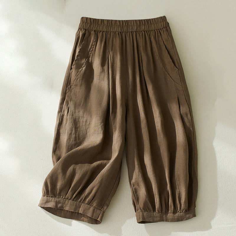 Pantaloni harem da donna in cotone e lino, con tasche, a vita alta , Buddha Stones Commute Pure Color - Marrone sella - US8-10, UK/AU12-14, EU40-42 (2XL) - image 0