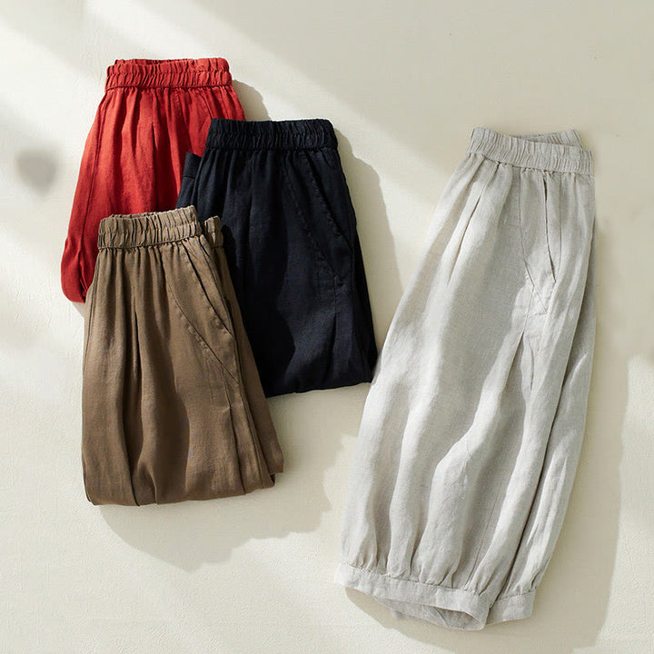 Pantaloni harem da donna in cotone e lino, con tasche, a vita alta , Buddha Stones Commute Pure Color - image 23