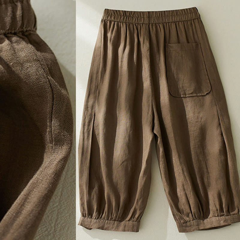 Pantaloni harem da donna in cotone e lino, con tasche, a vita alta , Buddha Stones Commute Pure Color - image 6