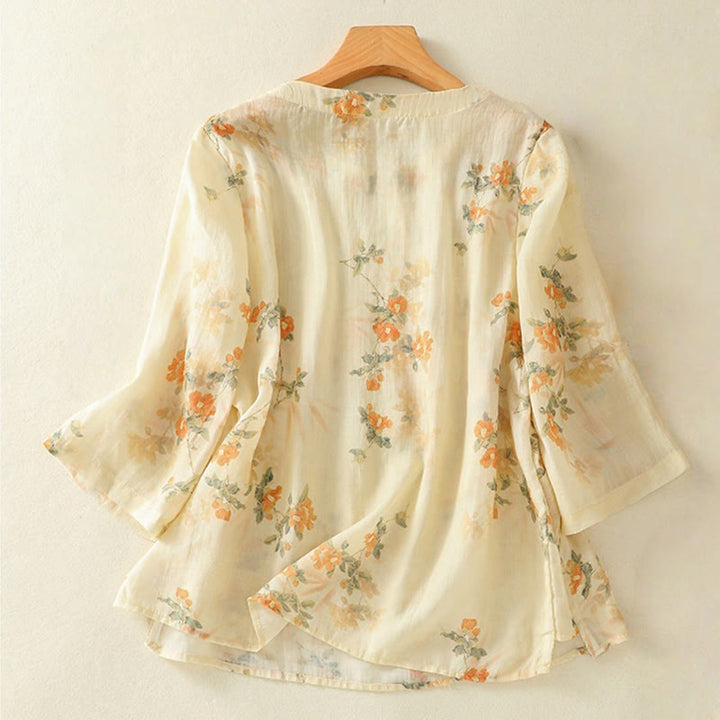 Camicia da donna in poliestere con maniche a tre quarti, stampata con Buddha Stones e bottoni a rana - image 1