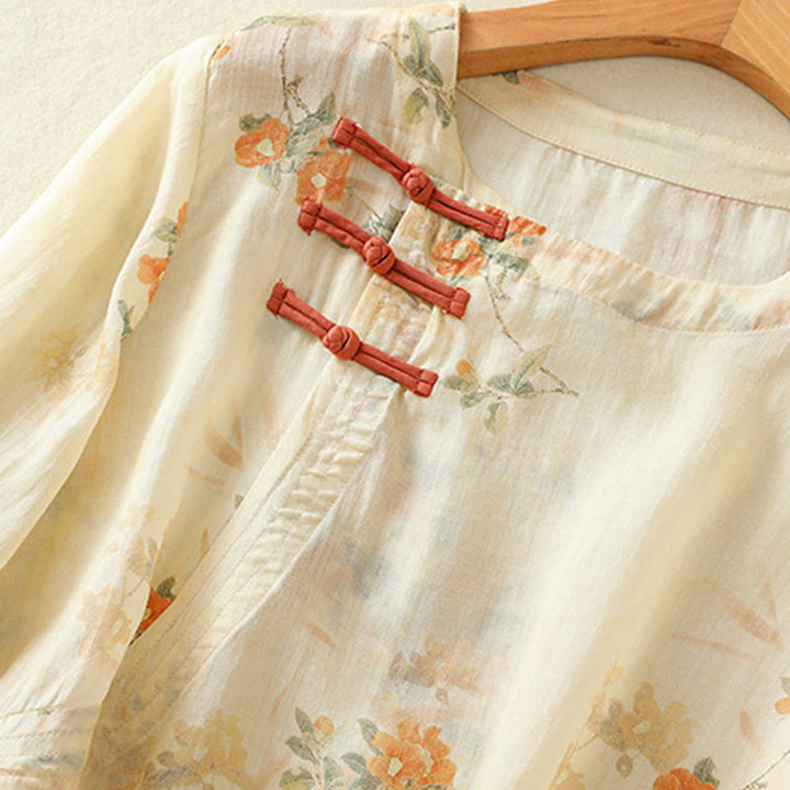 Camicia da donna in poliestere con maniche a tre quarti, stampata con Buddha Stones e bottoni a rana - image 4