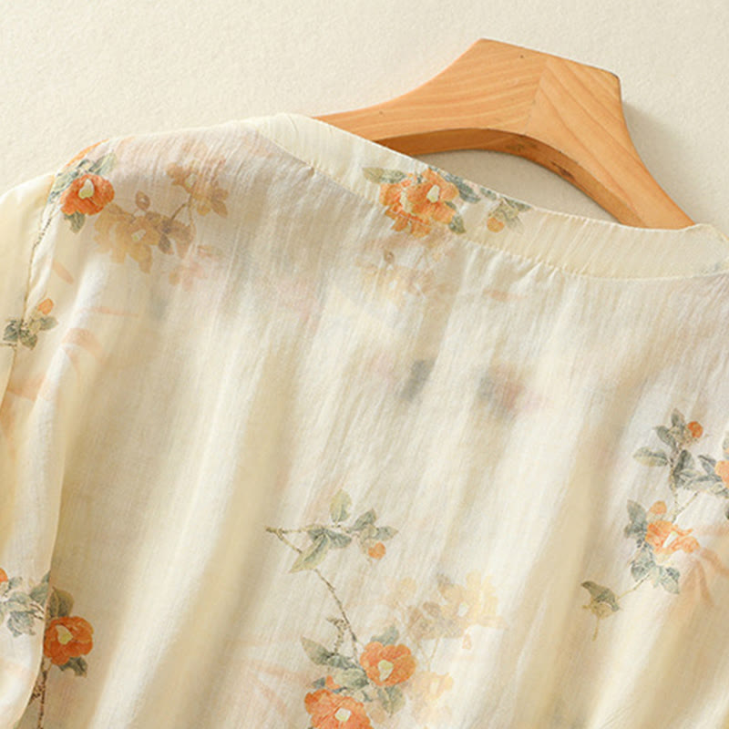 Camicia da donna in poliestere con maniche a tre quarti, stampata con Buddha Stones e bottoni a rana - image 3