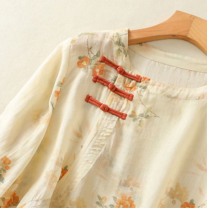 Camicia da donna in poliestere con maniche a tre quarti, stampata con Buddha Stones e bottoni a rana - image 2