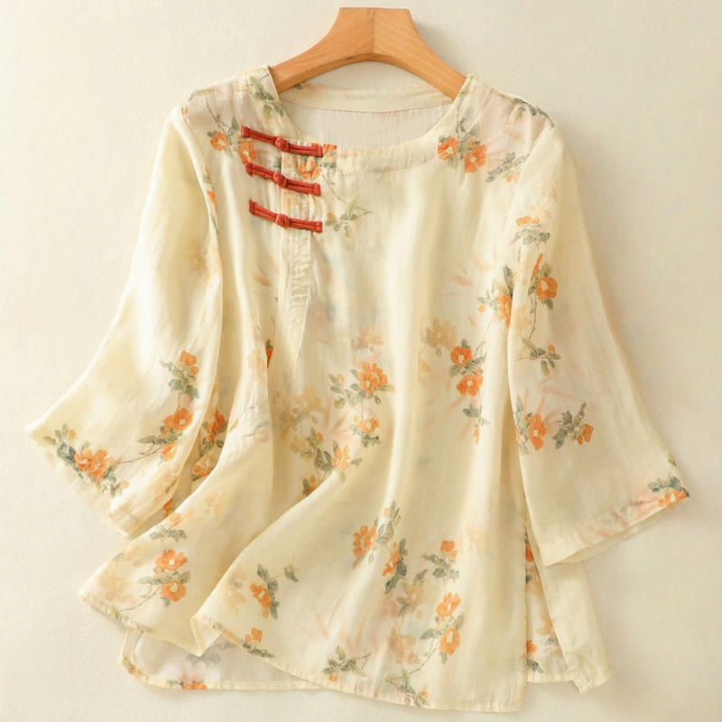 Camicia da donna in poliestere con maniche a tre quarti, stampata con Buddha Stones e bottoni a rana - LemonChiffon - US8-10, UK/AU12-14, EU40-42 (2XL) - image 0