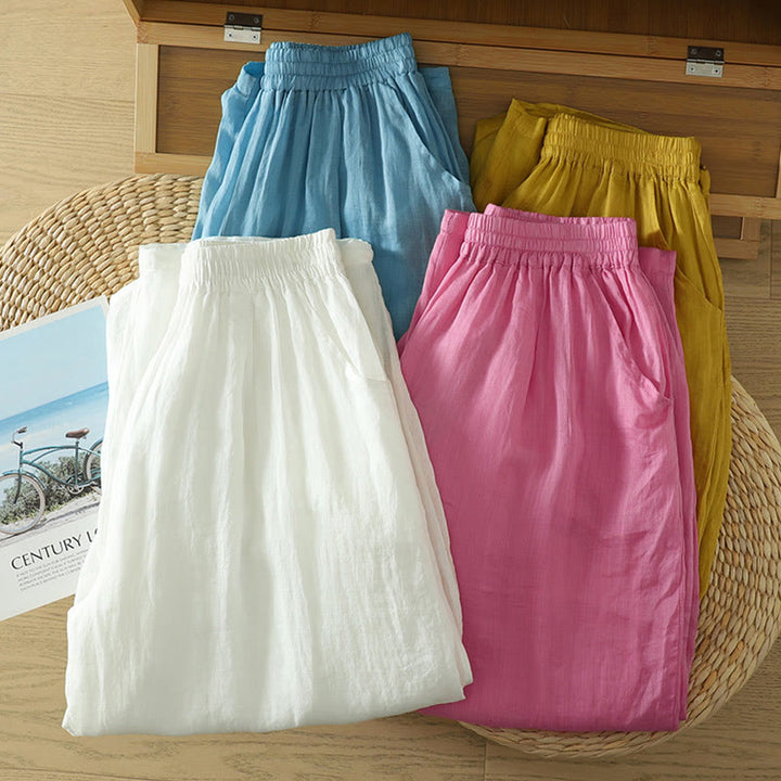 Pantaloni harem da donna in lino e cotone alla caviglia con tasche, modello Buddha Stones Commute, colore puro, design semplice