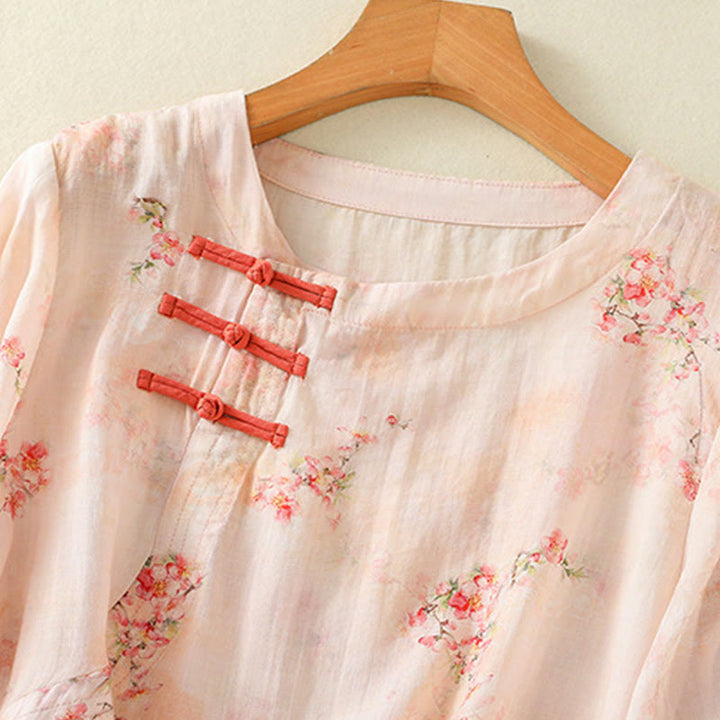 Camicia da donna in poliestere con maniche a tre quarti, stampata con Buddha Stones e bottoni a rana - image 11