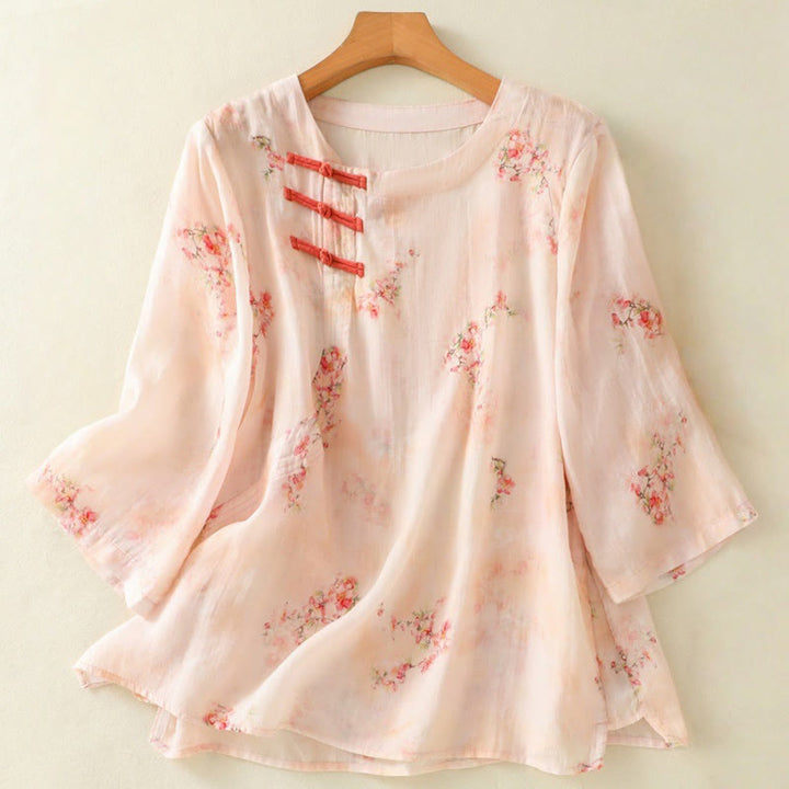 Camicia da donna in poliestere con maniche a tre quarti, stampata con Buddha Stones e bottoni a rana - MistyRose - US8-10, UK/AU12-14, EU40-42 (2XL) - image 8