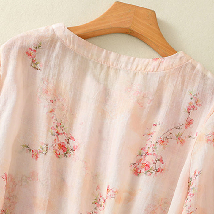 Camicia da donna in poliestere con maniche a tre quarti, stampata con Buddha Stones e bottoni a rana - image 12