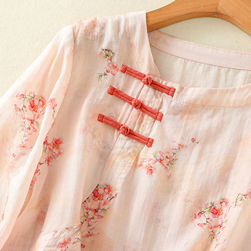 Camicia da donna in poliestere con maniche a tre quarti, stampata con Buddha Stones e bottoni a rana - image 10