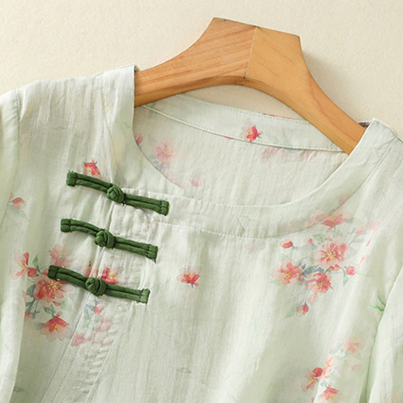 Camicia da donna in poliestere con maniche a tre quarti, stampata con Buddha Stones e bottoni a rana - image 19