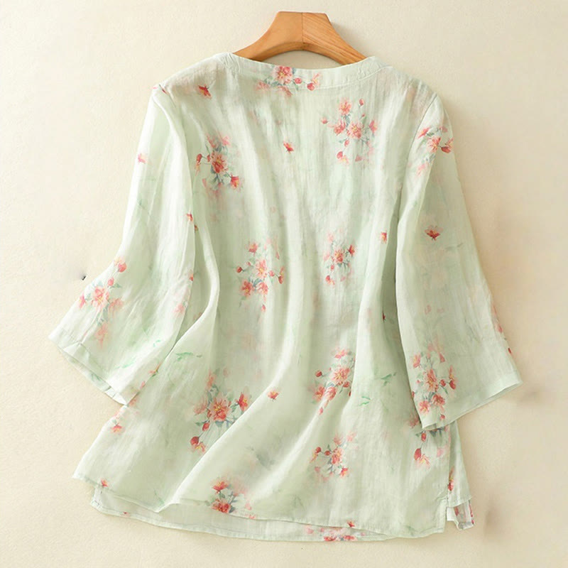 Camicia da donna in poliestere con maniche a tre quarti, stampata con Buddha Stones e bottoni a rana - image 18