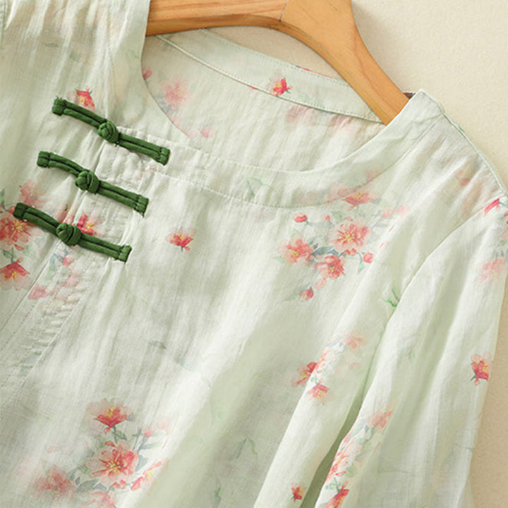 Camicia da donna in poliestere con maniche a tre quarti, stampata con Buddha Stones e bottoni a rana - image 20