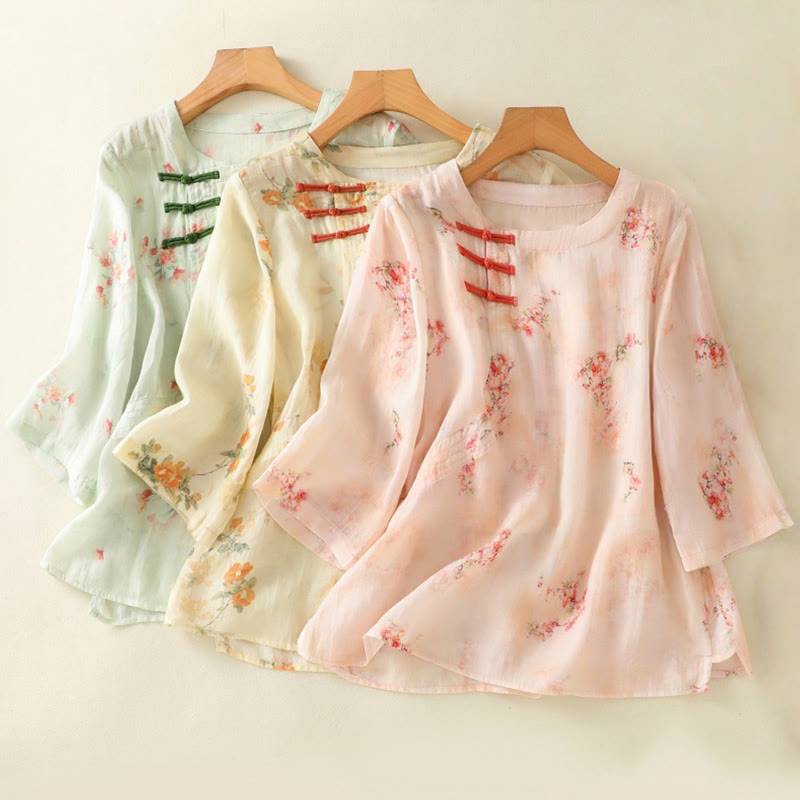 Camicia da donna in poliestere con maniche a tre quarti, stampata con Buddha Stones e bottoni a rana - image 24