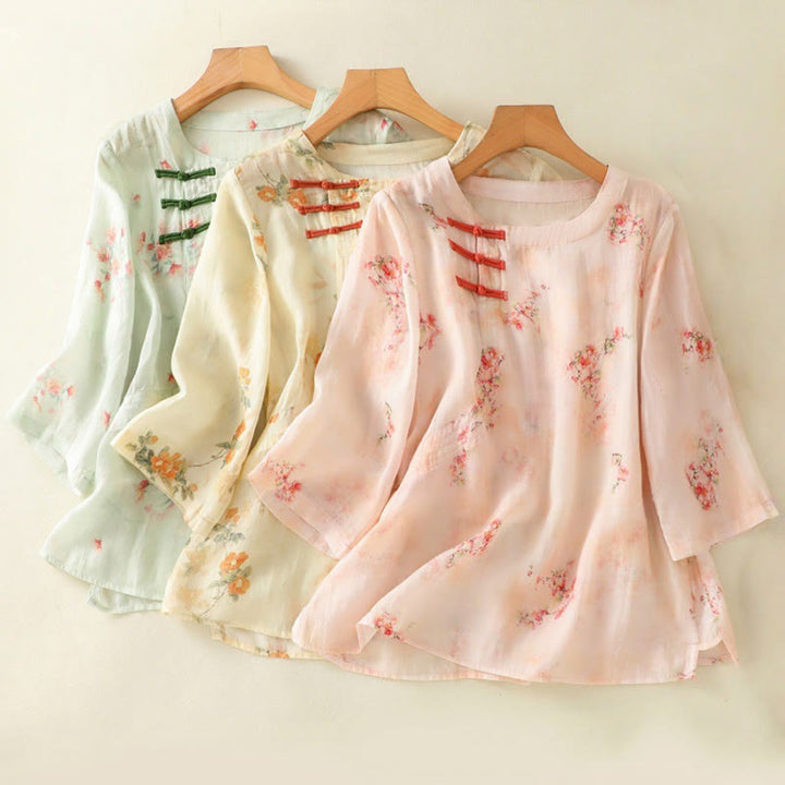 Camicia da donna in poliestere con maniche a tre quarti, stampata con Buddha Stones e bottoni a rana - image 24