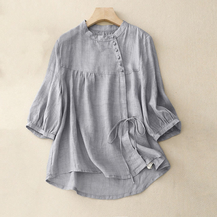 Camicia da donna a maniche a tre quarti con lacci e bottoni, motivo Buddha Stones. - Azzurro chiaro - US14, UK/AU18, EU46 (2XL) - image 0