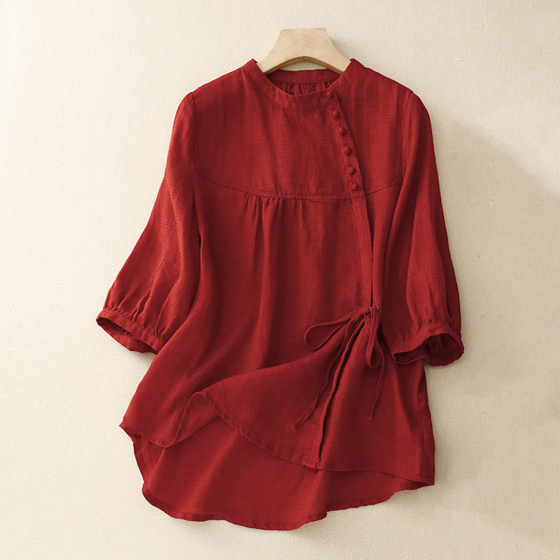 Camicia da donna a maniche a tre quarti con lacci e bottoni, motivo Buddha Stones. - Cremisi - US14, UK/AU18, EU46 (2XL) - image 15