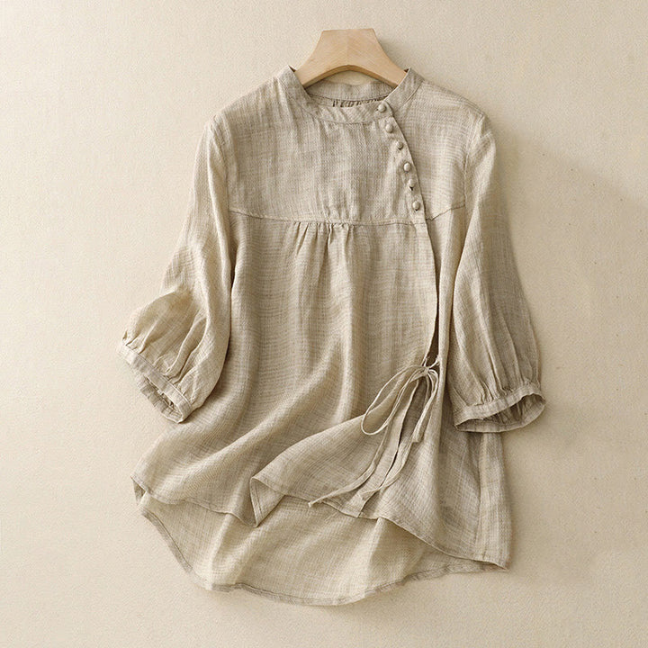 Camicia da donna in cotone e lino con maniche a tre quarti, con lacci e bottoni, motivo Buddha Stones - Grano - US14, UK/AU18, EU46 (2XL) - image 6