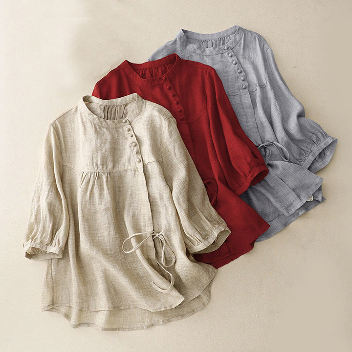 Camicia da donna in cotone e lino con maniche a tre quarti, con lacci e bottoni, motivo Buddha Stones - image 1