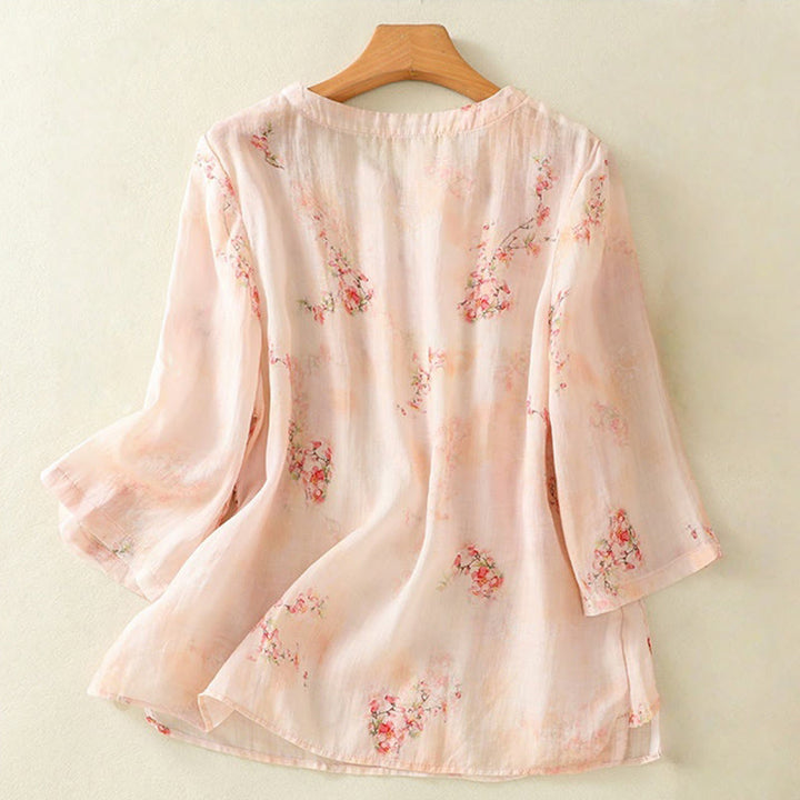 Camicia da donna in poliestere con maniche a tre quarti, stampata con Buddha Stones e bottoni a rana - image 9