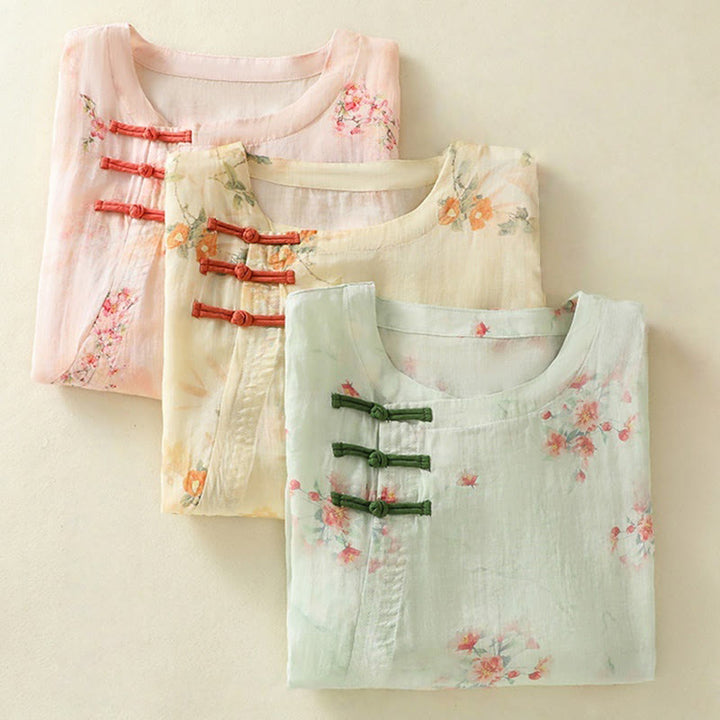 Camicia da donna in poliestere con maniche a tre quarti, stampata con Buddha Stones e bottoni a rana - image 25