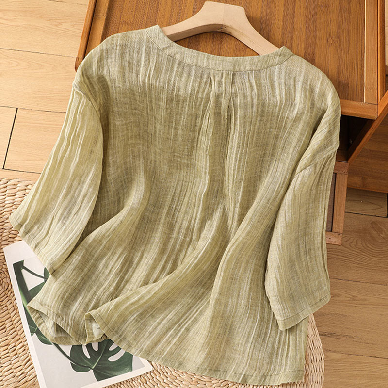 Maglietta da donna in cotone e lino con maniche a tre quarti, casual, estiva, stile Buddha Stones, girocollo e tinta unita - image 1