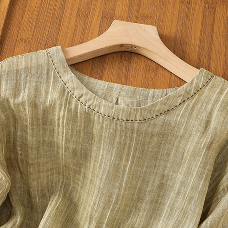 Maglietta da donna in cotone e lino con maniche a tre quarti, casual, estiva, stile Buddha Stones, girocollo e tinta unita - image 3